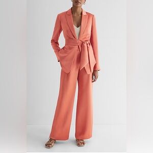 Express Women's Satin Tie Waist Blazer Suit Set Size xs 2 Orange Coral Pink